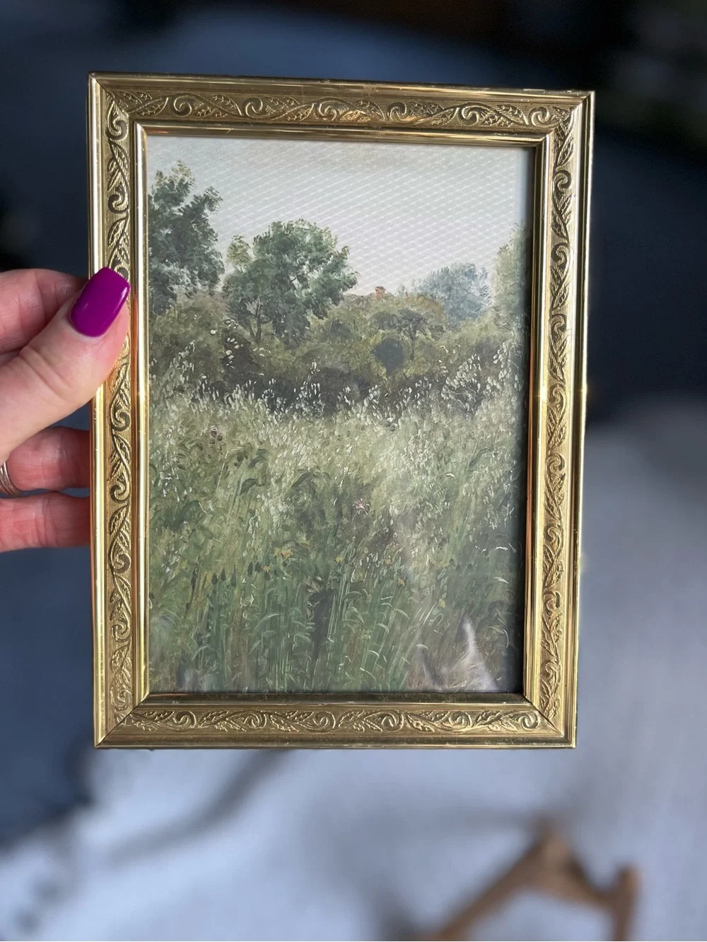 Gold Ornate Table Picture Frame with Green Landscape Art - solid brass